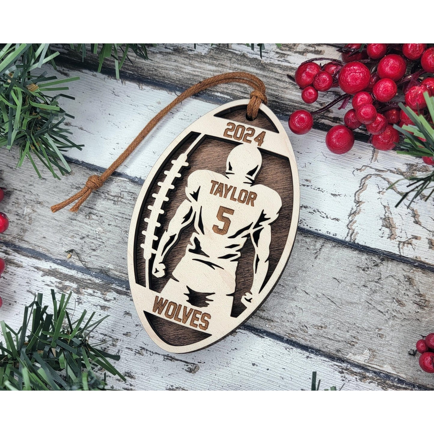 Stadium Spotlight FOOTBALL 2 Layered Wooden Personalized Ornament Christmas Gift