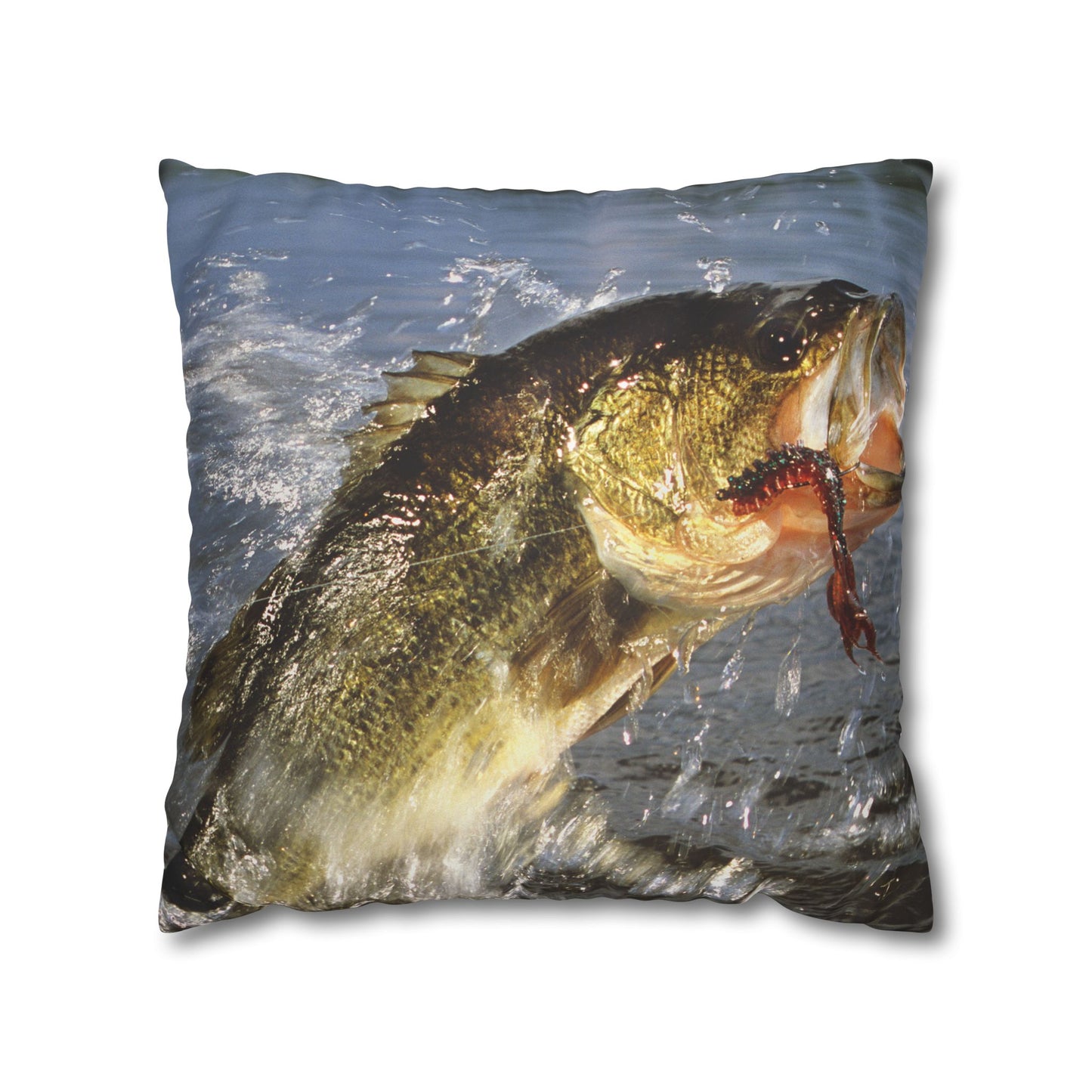 Jumping Bass Fish Fishing Lure Faux Suede Square Double Sided Print Throw Pillow Fisherman Gift Decor