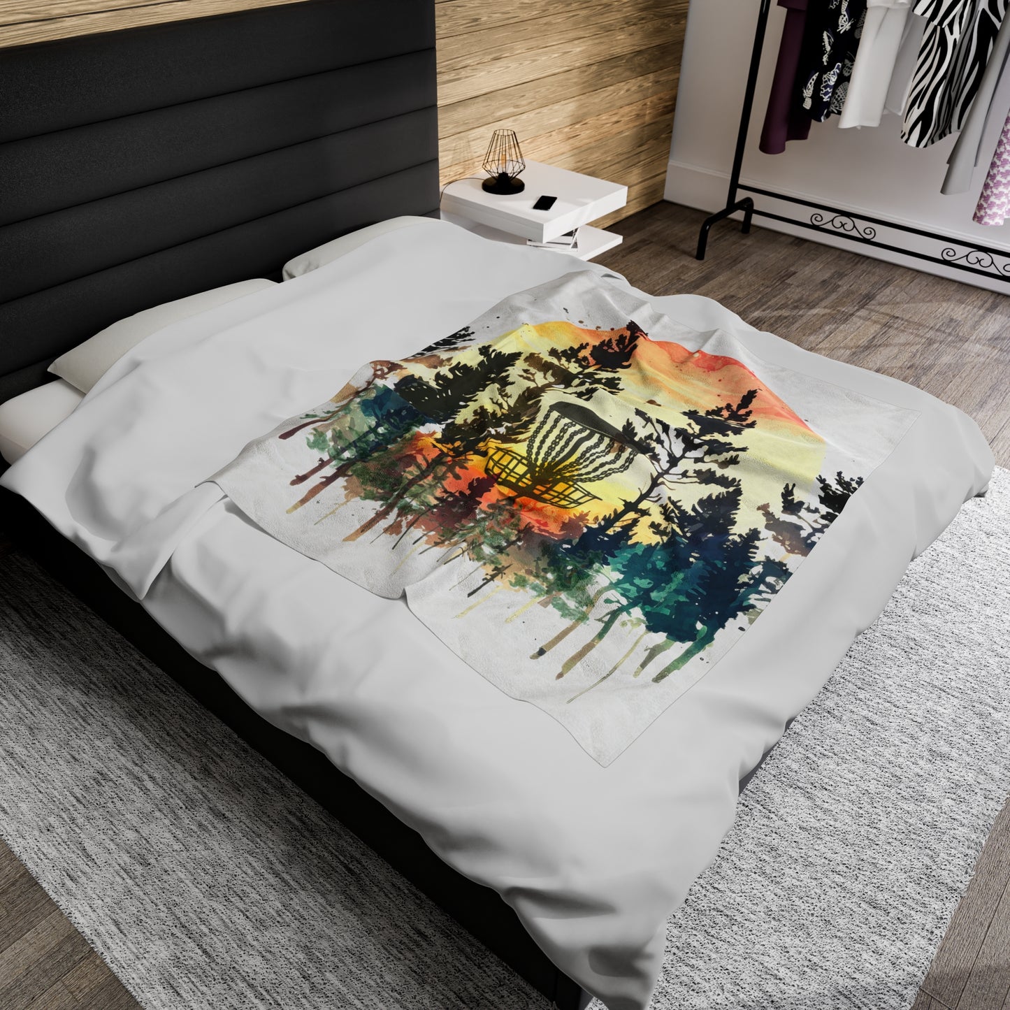 Disc Golf Basket Forest Sunset Velveteen Plush Blanket Discgolf Gift