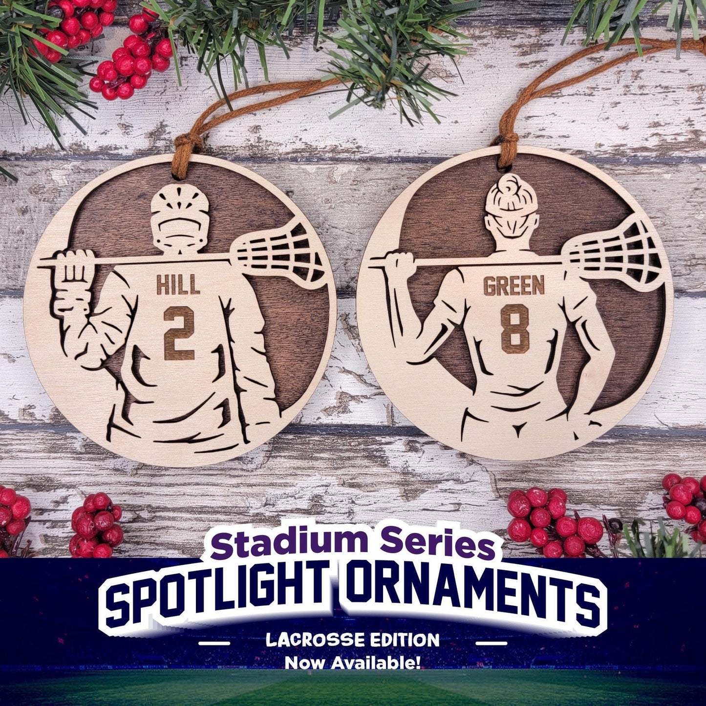 Stadium Spotlight LACROSSE 2 Layered Wooden Personalized Christmas Ornament Gift