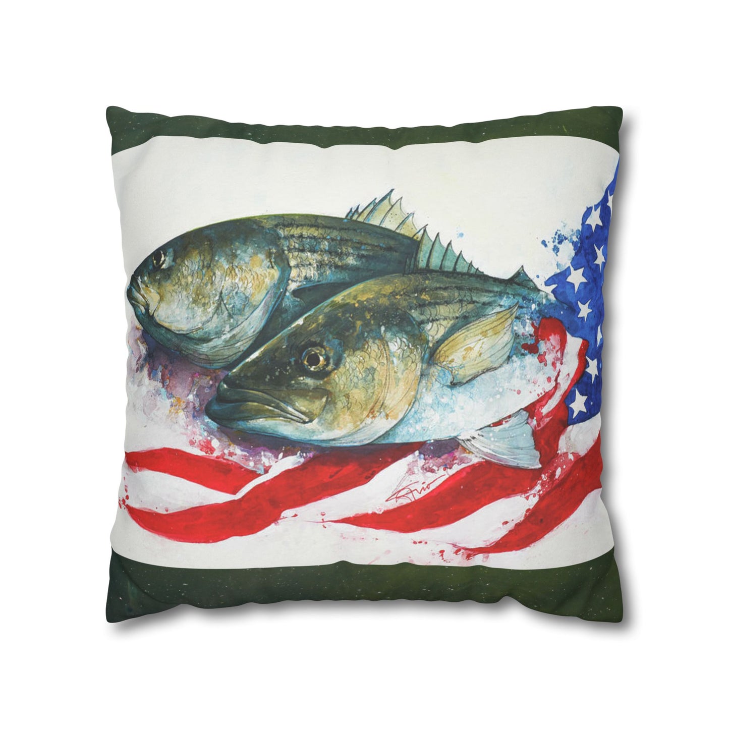 Patriotic Fish Fishing Faux Suede American Flag Throw Pillow Fisherman Gift Decor