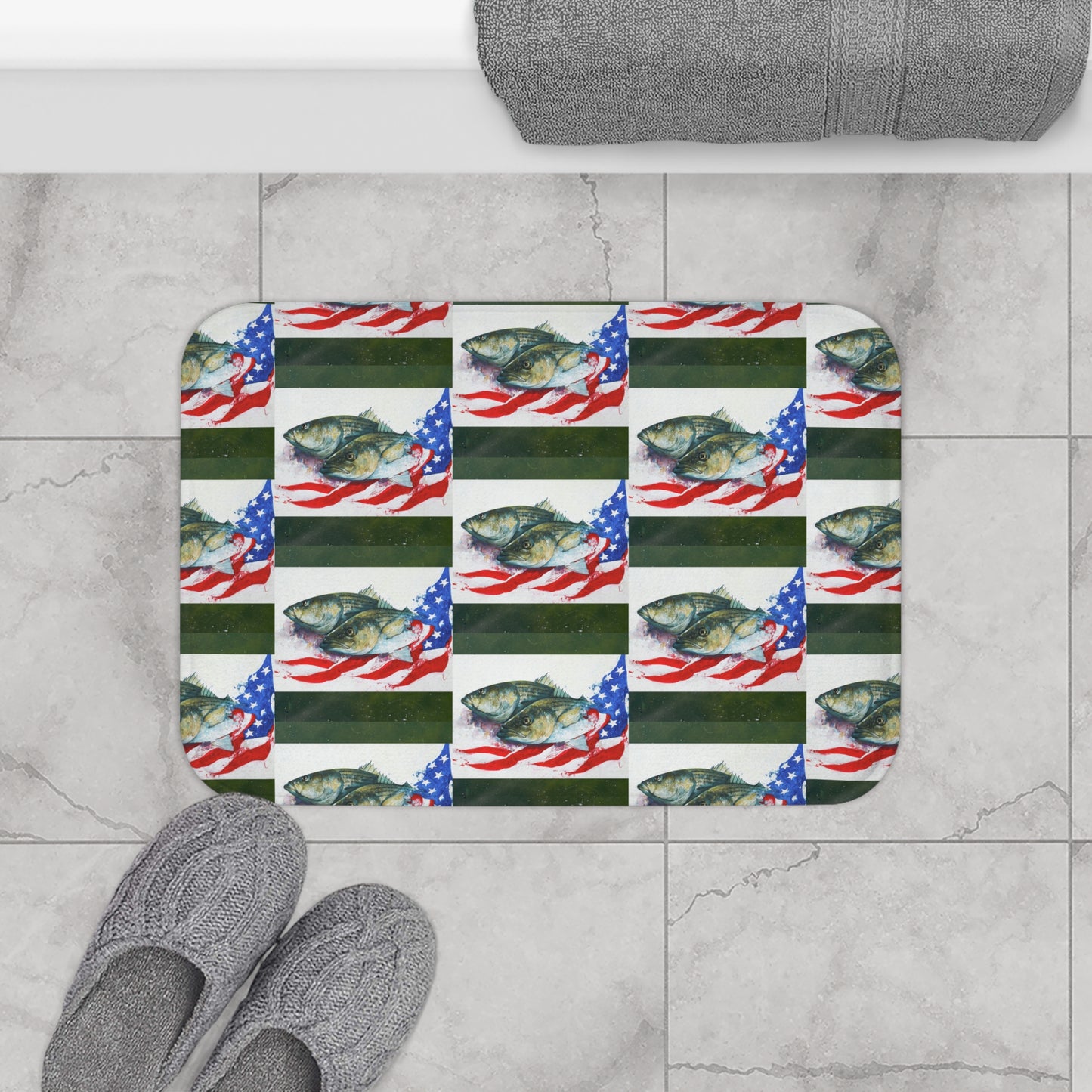 Patriotic Fish American Flag Fishing Colorful Fisherman Bath Mat Gift Bathroom Decor