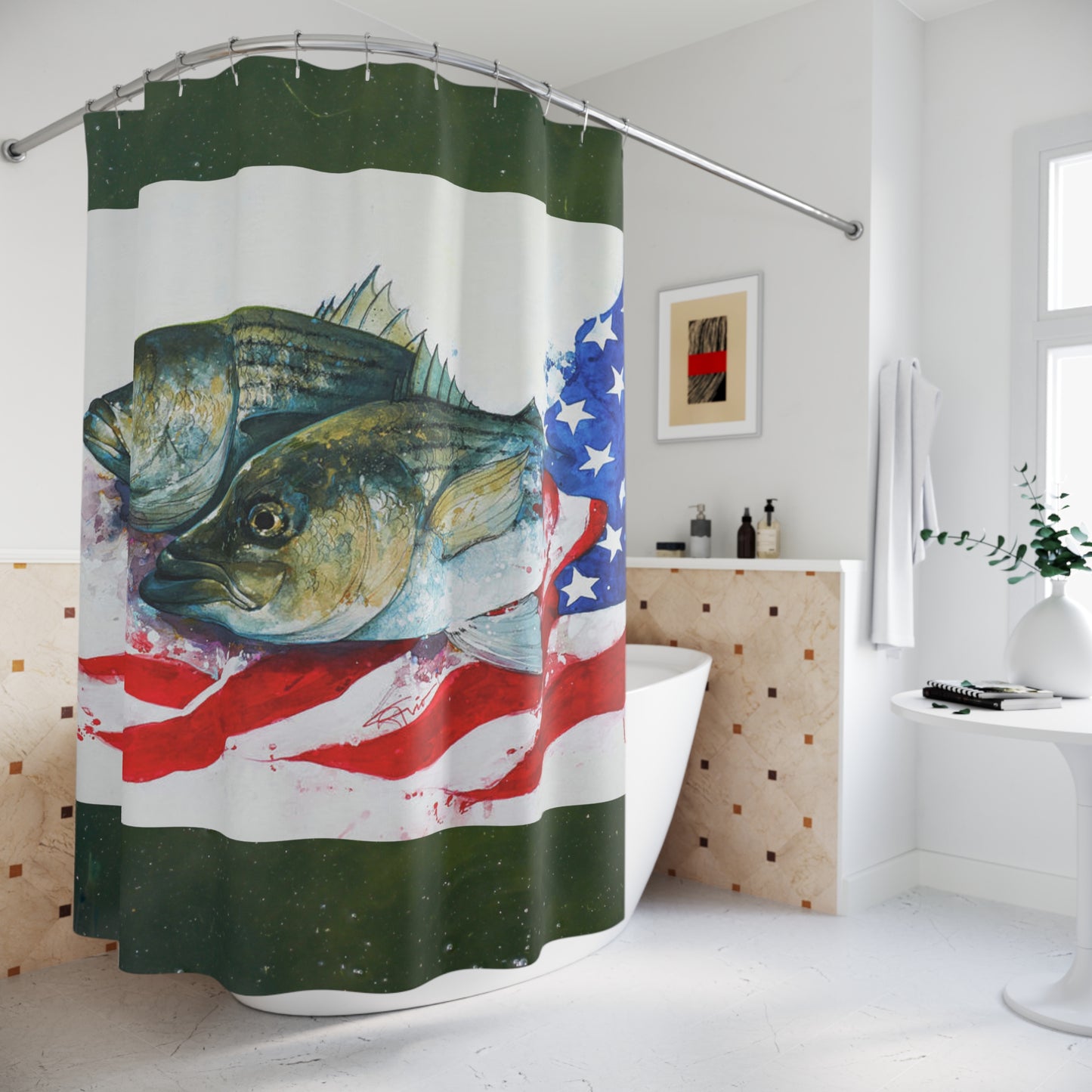 Patriotic Fish American Flag Fishing Shower Curtain Fisherman Bathroom Decor Gift
