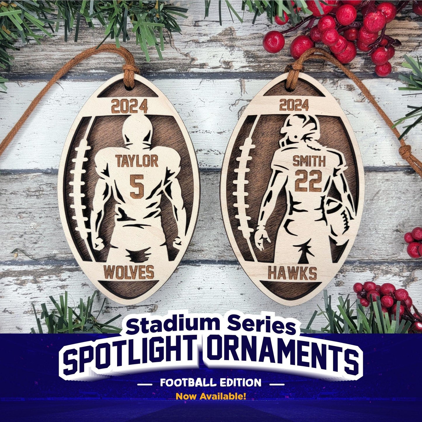 Stadium Spotlight FOOTBALL 2 Layered Wooden Personalized Ornament Christmas Gift