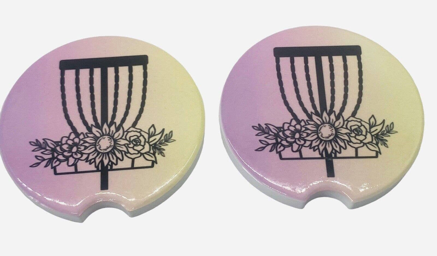 2 Pack DISC GOLF BASKET Car Drink Coasters Pink Yellow Ceramic Car Cup Holders