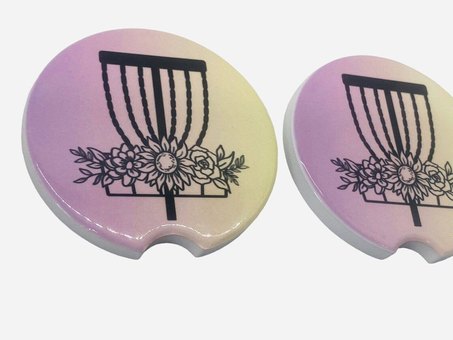 2 Pack DISC GOLF BASKET Car Drink Coasters Pink Yellow Ceramic Car Cup Holders