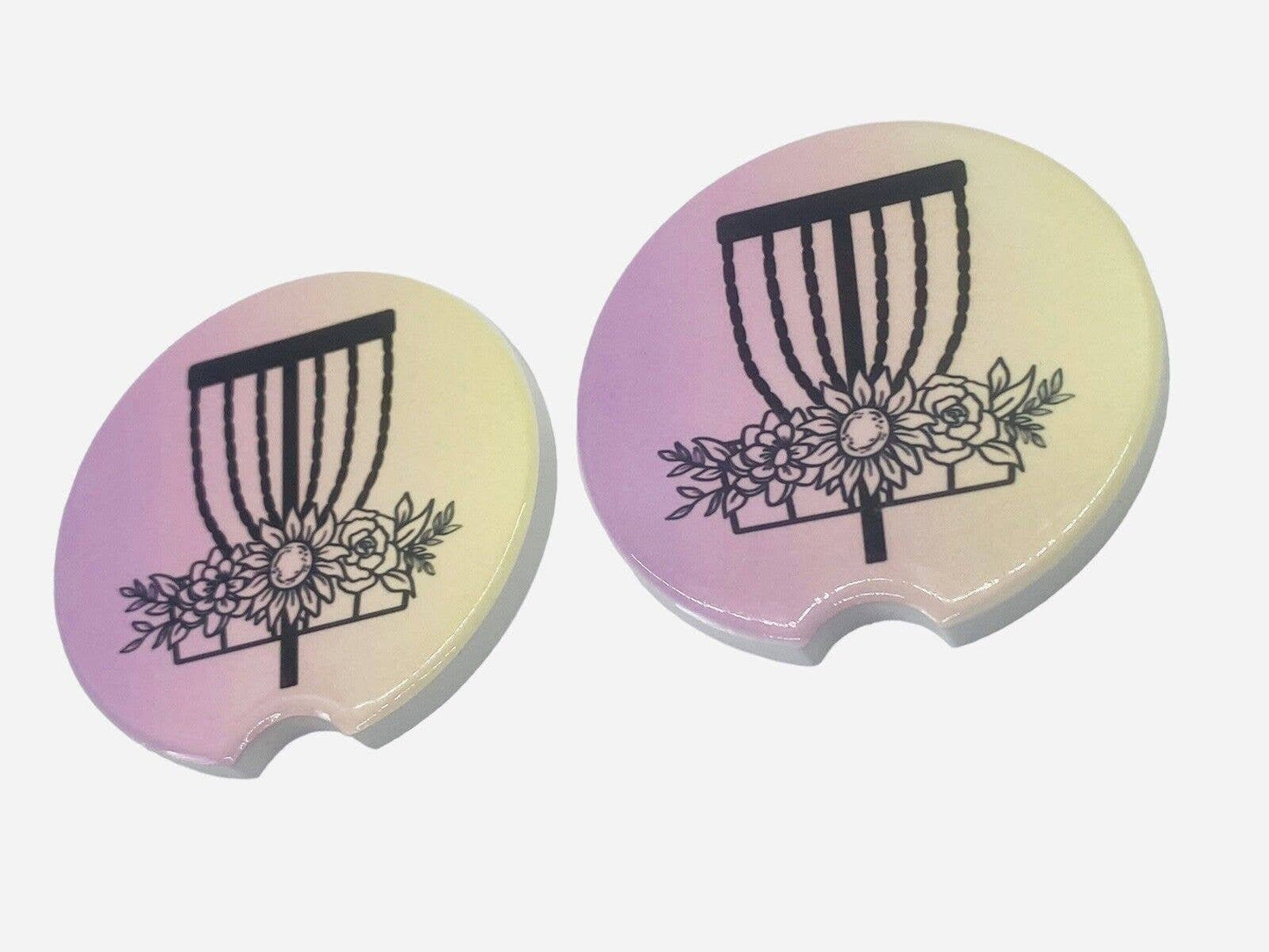 2 Pack DISC GOLF BASKET Car Drink Coasters Pink Yellow Ceramic Car Cup Holders