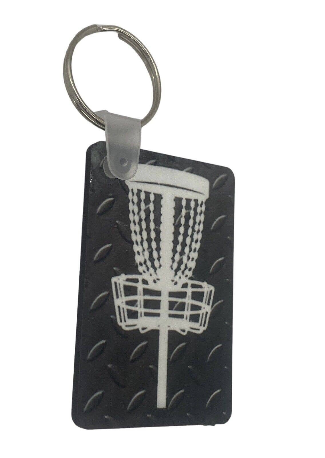 Disc Golf Keychain DISCGOLF BASKET Trucker BLACK Custom Made Key Ring Hardboard