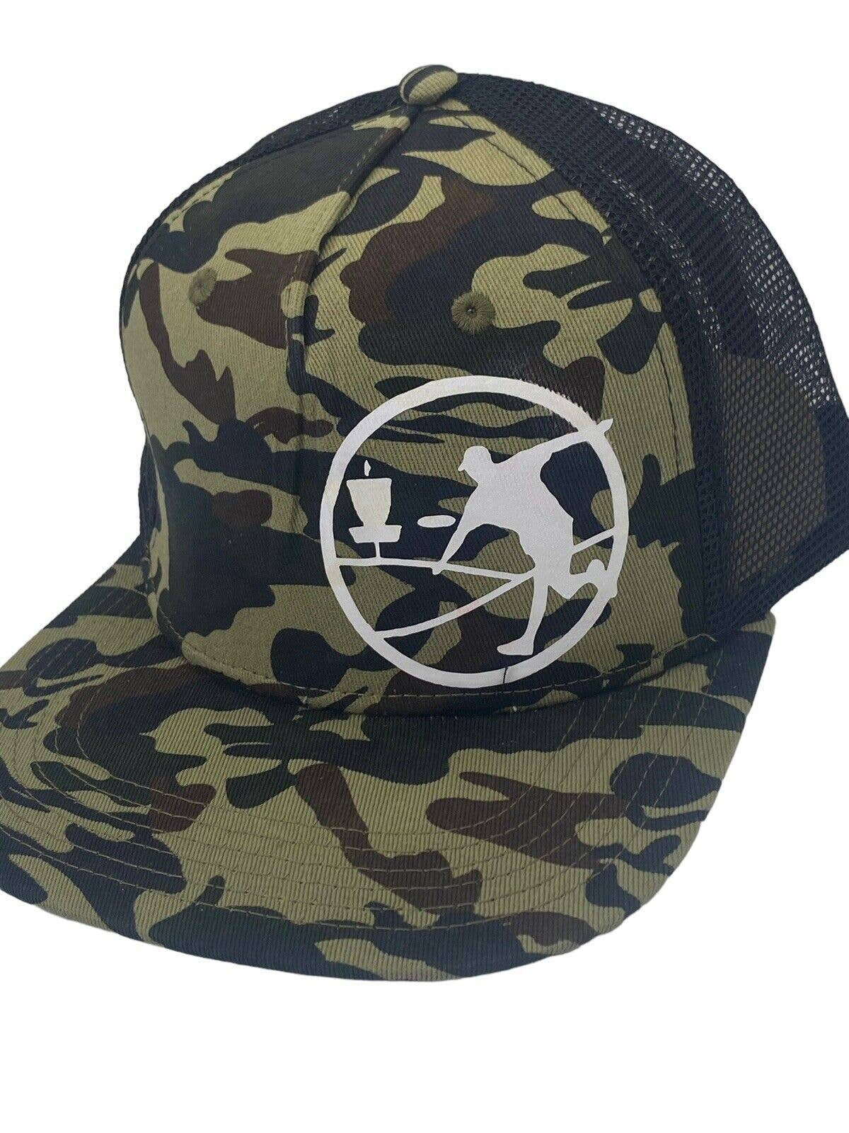 Disc Golf THROWING DISC Man CAMO Hat Trucker Cap Snap Back Disc Golf Vinyl Logo