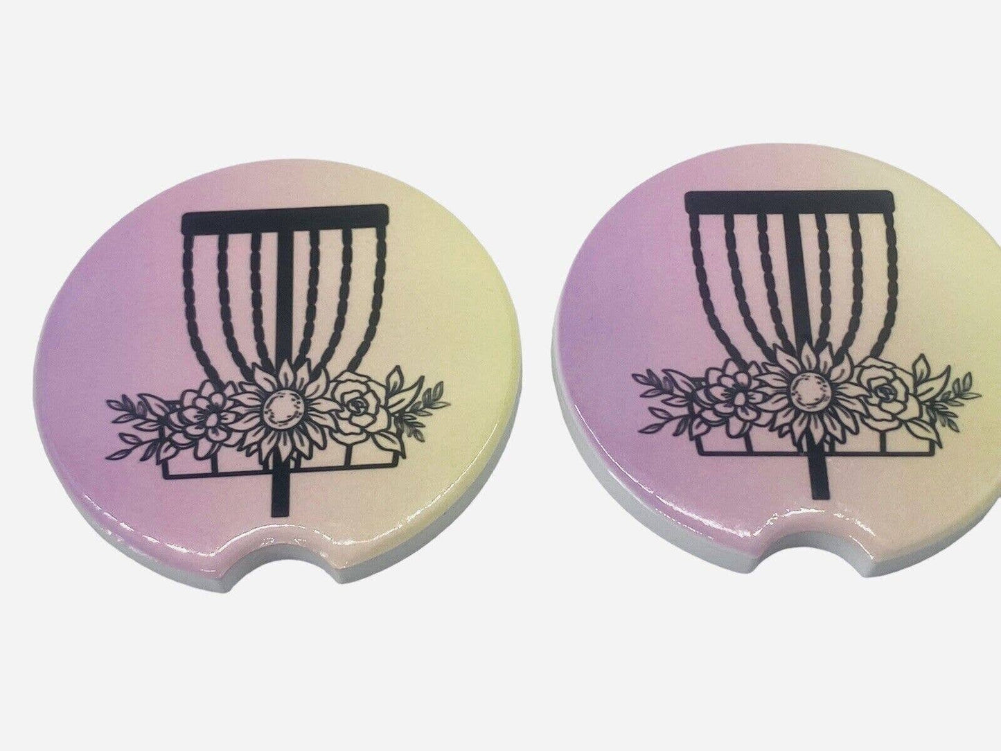 2 Pack DISC GOLF BASKET Car Drink Coasters Pink Yellow Ceramic Car Cup Holders