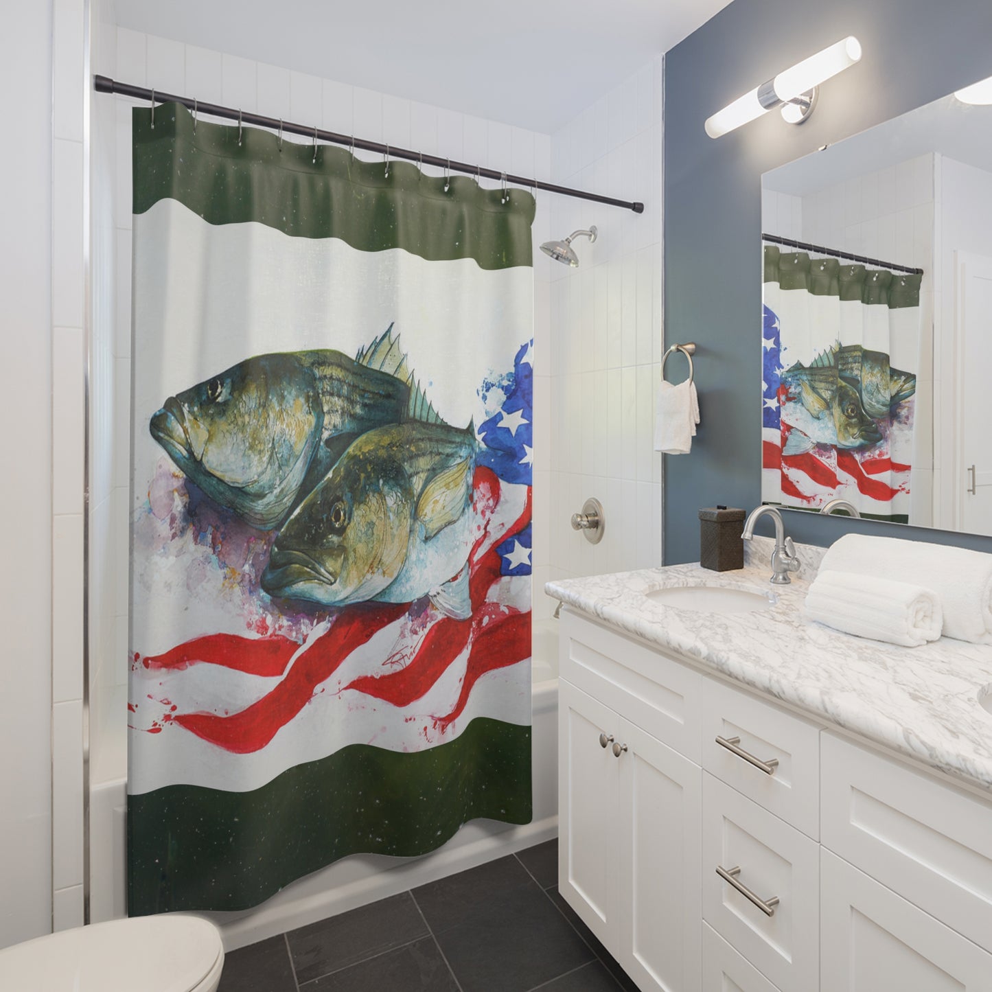 Patriotic Fish American Flag Fishing Shower Curtain Fisherman Bathroom Decor Gift