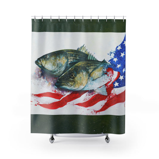 Patriotic Fish American Flag Fishing Shower Curtain Fisherman Bathroom Decor Gift