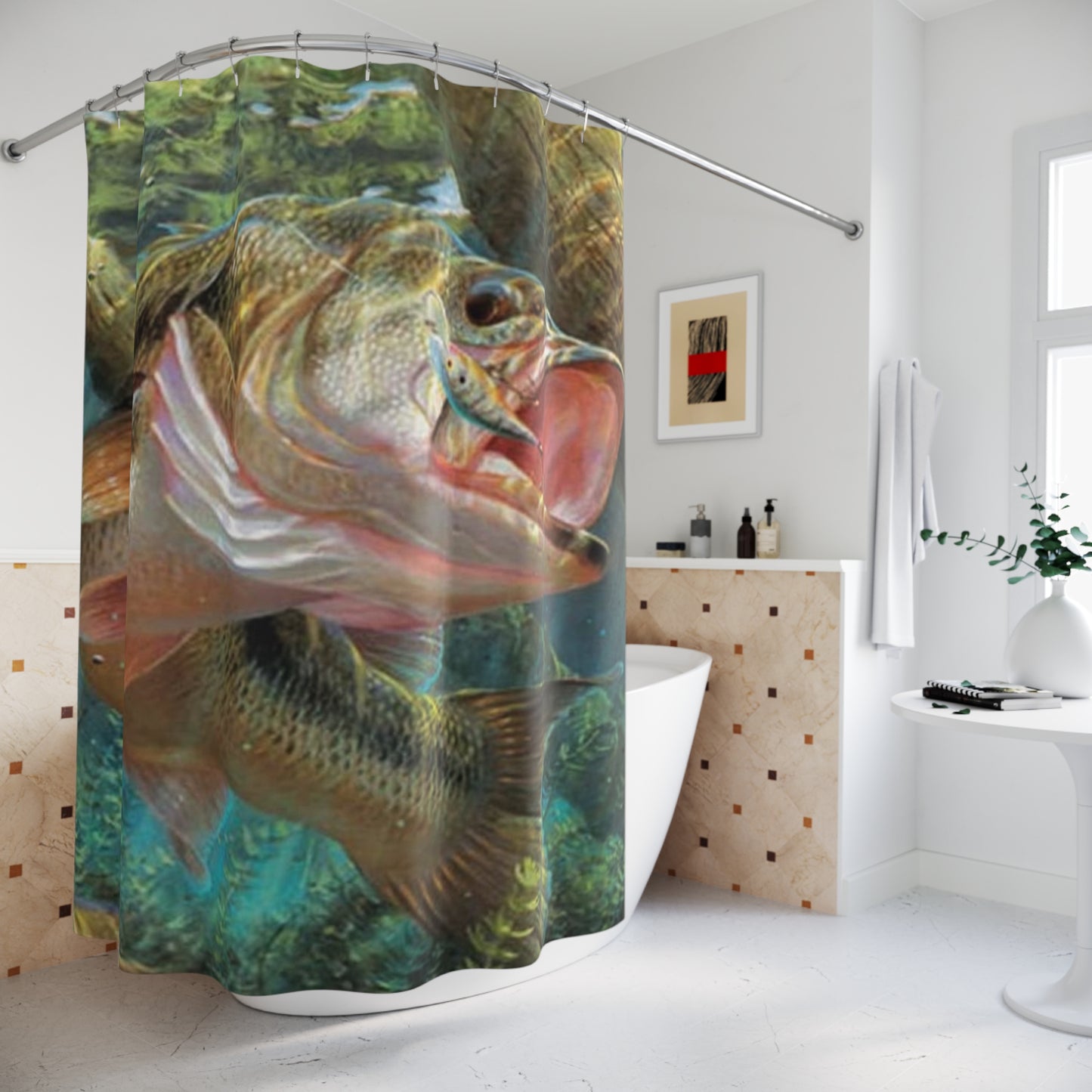 Bass Fishing Jumping Fish with Lure Colorful Shower Curtain Fisherman Bathroom Decor Gift