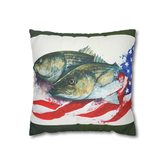 Patriotic Fish Fishing  Faux Suede American Flag Throw Pillow Fisherman Gift Decor