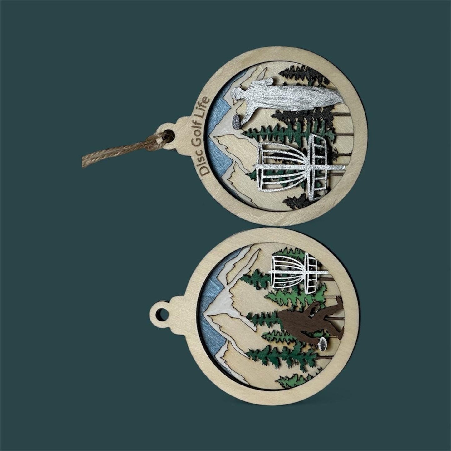 DISC GOLF Basket Sasquatch Ornament 3 Layer Wood Discgolfer Christmas Gift