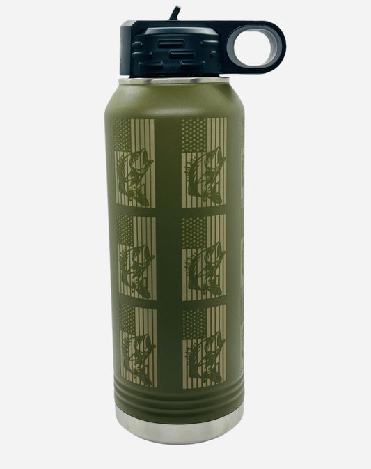 Fishing Patriotic American Flag Laser Engraved 32oz Water Bottle Olive & Gold