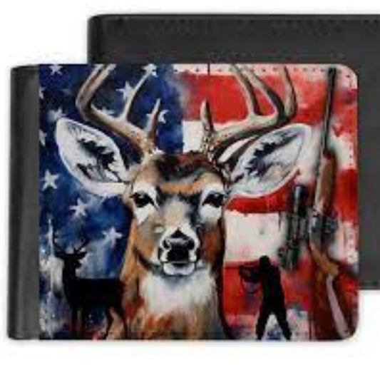 Custom Patriotic Deer Buck Hunting Hunter PHOTO Bi-Fold Wallet Gift Sublimated Design Personalized