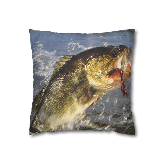 Jumping Bass Fish Fishing  Lure Faux Suede Square Double Sided Print Throw Pillow Fisherman Gift Decor