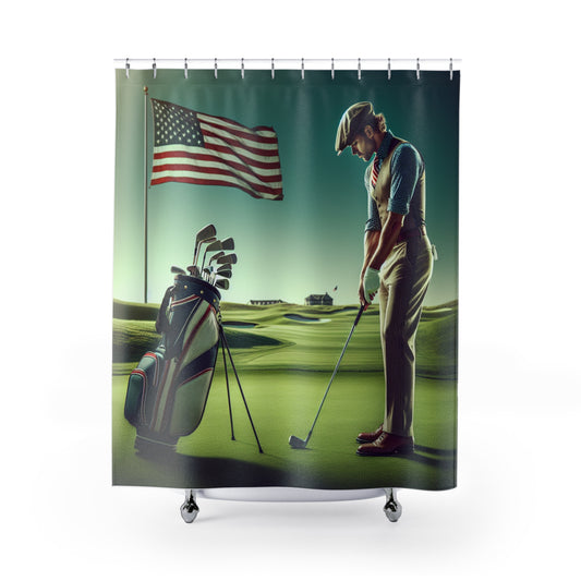 Patriotic Golf Golfer Shower Curtain Man Golfing American Flag Bathroom Decor Gift