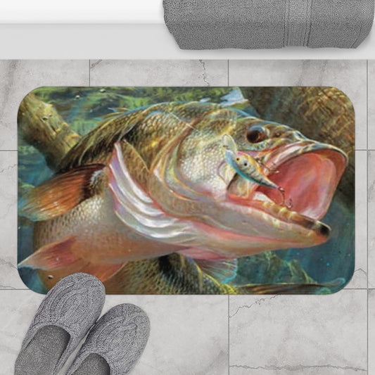 Bass Fishing Jumping Fish with Lure Colorful Fisherman Bath Mat Gift Bathroom Decor