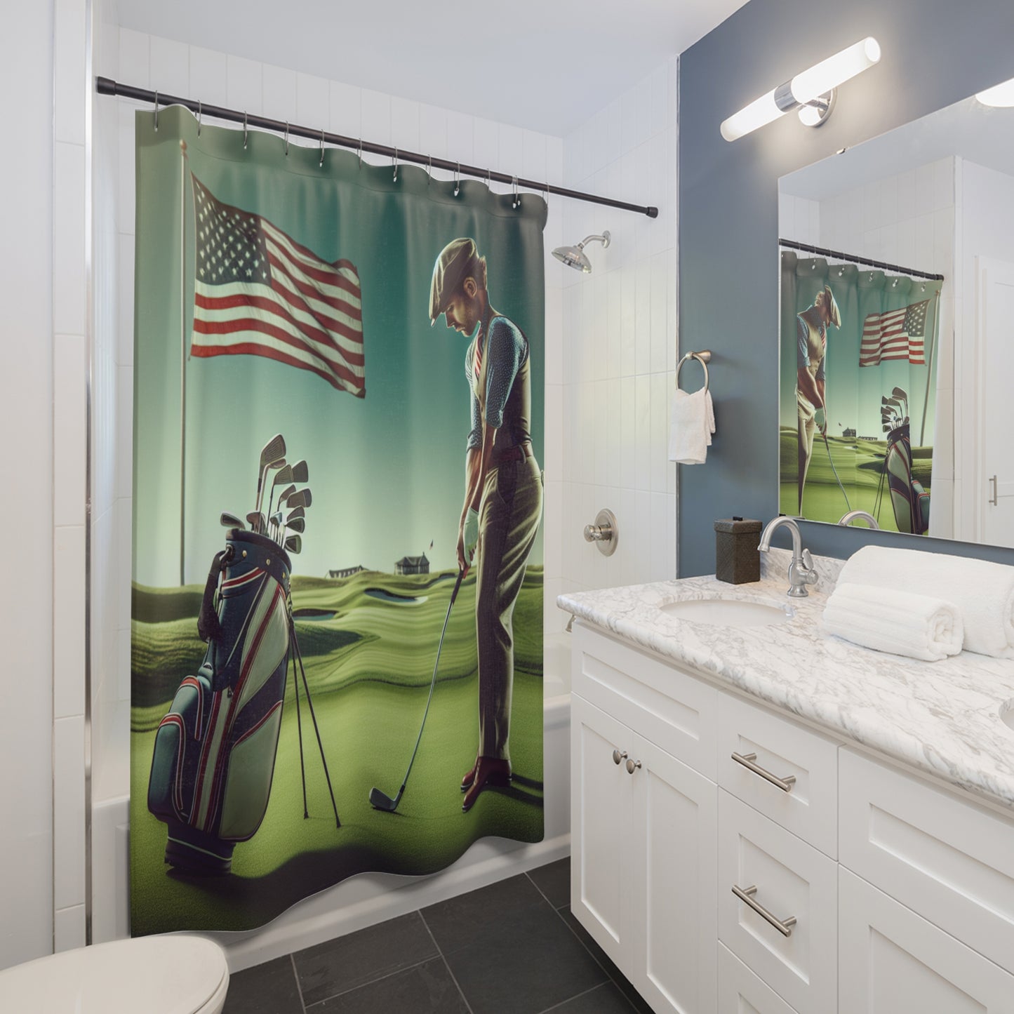 Patriotic Golf Golfer Shower Curtain Man Golfing American Flag Bathroom Decor Gift