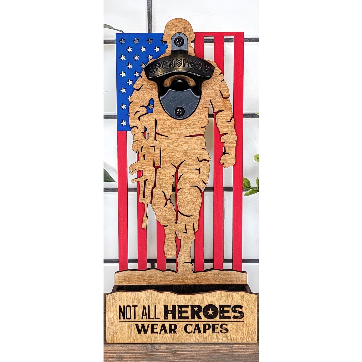 Military Hero Soldier Patriotic USA Flag Bottle Opener Wood Wall Mounted Dad Gift