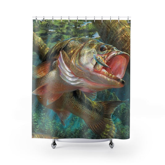 Bass Fishing Jumping Fish with Lure Colorful Shower Curtain Fisherman Bathroom Decor Gift