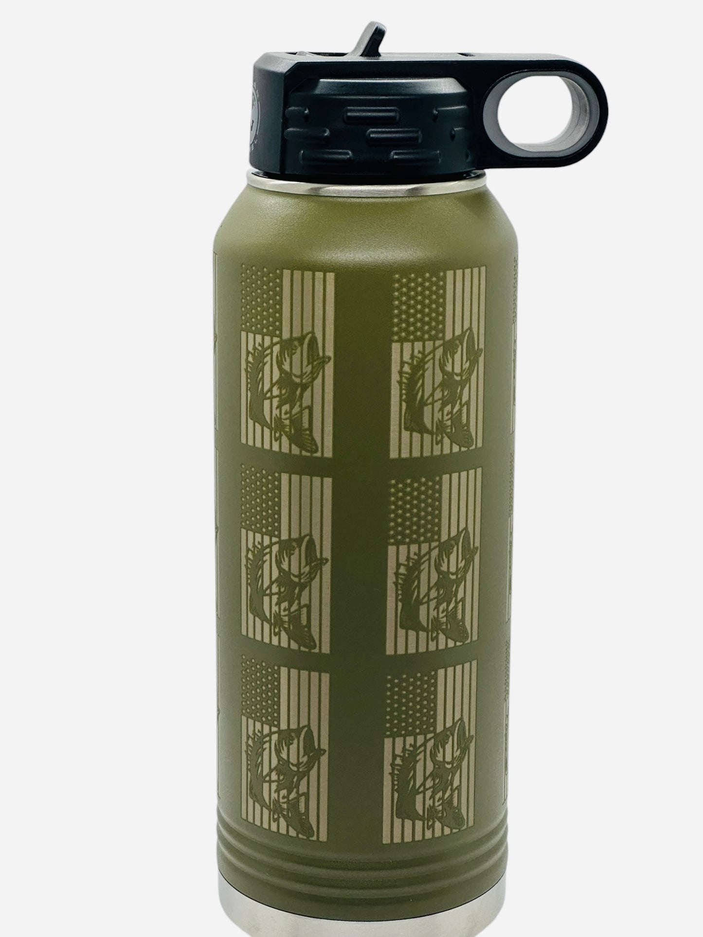 Fishing Patriotic American Flag Laser Engraved 32oz Water Bottle Olive & Gold