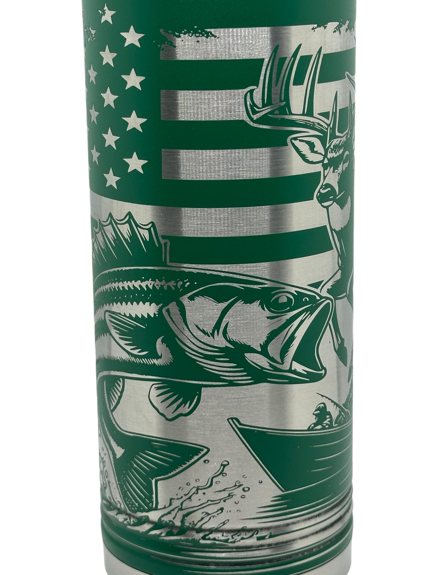 Fishing Hunting Laser Engraved 32oz Water Bottle Patriotic Flag Fish Bull Elk Deer