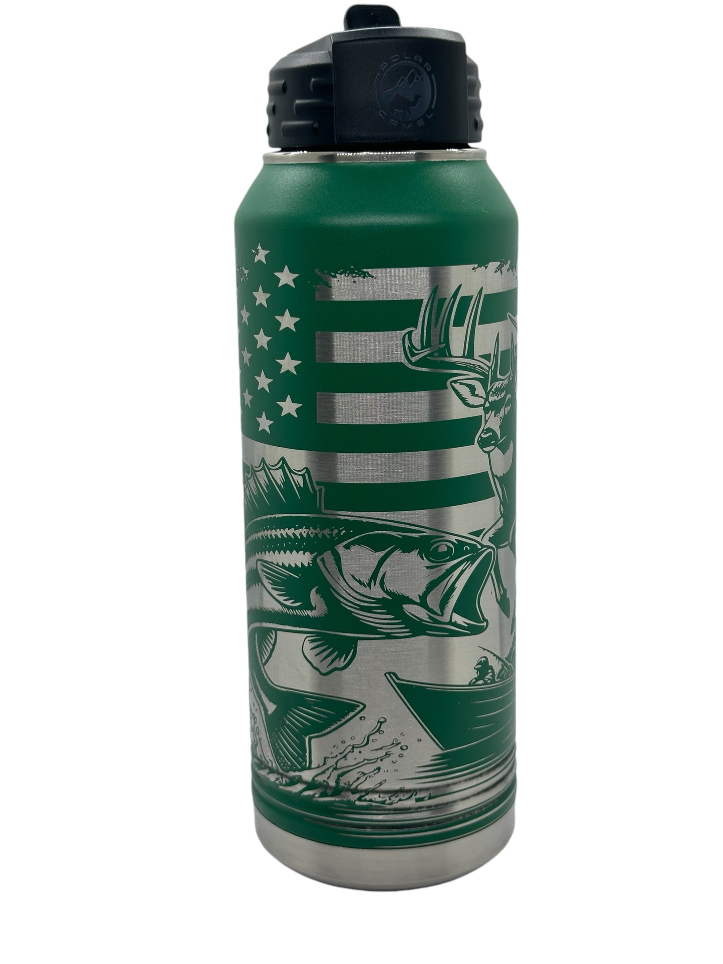 Fishing Hunting Laser Engraved 32oz Water Bottle Patriotic Flag Fish Bull Elk Deer