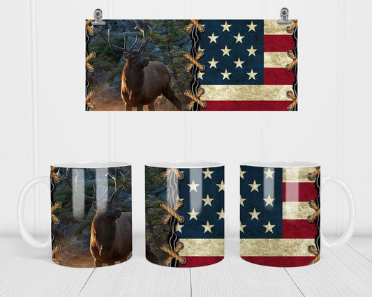 Coffee Mug Bull Elk, America Flag, Mug, Hunters Novelty Cup Gift For Men Him Dad Grandpa