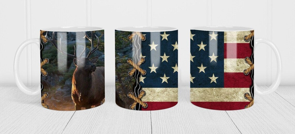 Coffee Mug Bull Elk, America Flag, Mug, Hunters Novelty Cup Gift For Men Him Dad Grandpa