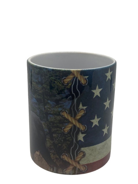 Coffee Mug Bull Elk, America Flag, Mug, Hunters Novelty Cup Gift For Men Him Dad Grandpa