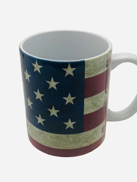 Coffee Mug Bull Elk, America Flag, Mug, Hunters Novelty Cup Gift For Men Him Dad Grandpa