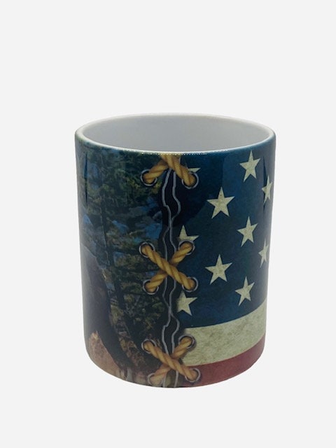 Coffee Mug Bull Elk, America Flag, Mug, Hunters Novelty Cup Gift For Men Him Dad Grandpa