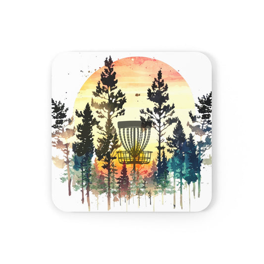 Disc Golf Basket Forest Sunset Corkwood Coaster Set