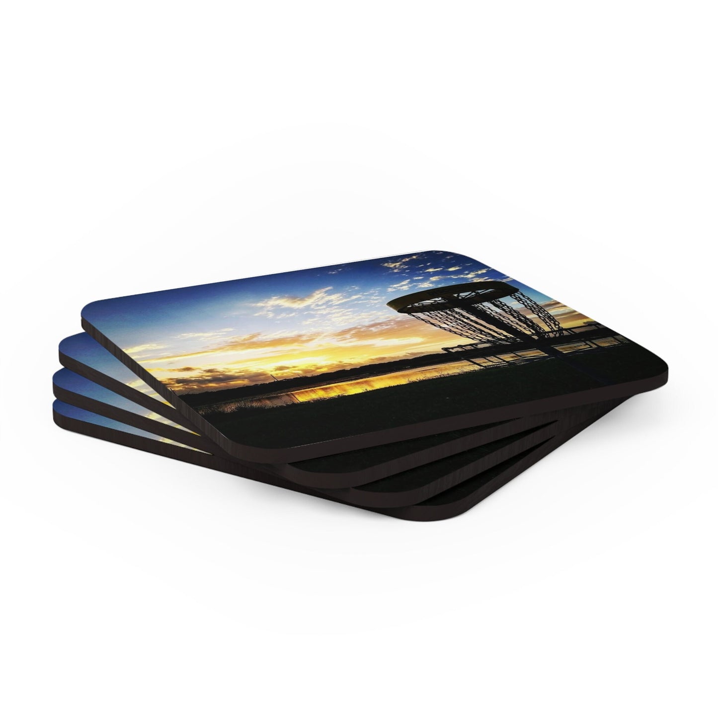 Disc Golf Basket Blue Sky Sunset Corkwood Drink Coaster Set