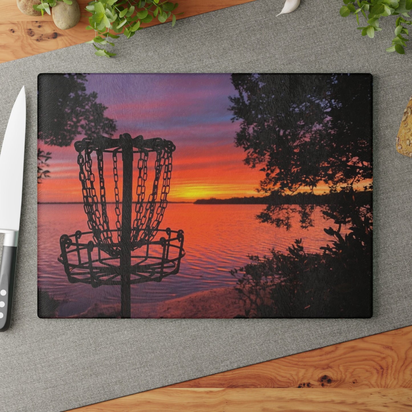 Disc Golf Lake Sunset Glass Cutting Board Discgolf Discgolfer Kitchen Cooking Gift