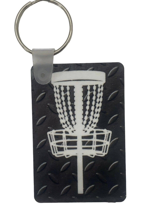 Disc Golf Keychain DISCGOLF BASKET Trucker BLACK Custom Made Key Ring Hardboard