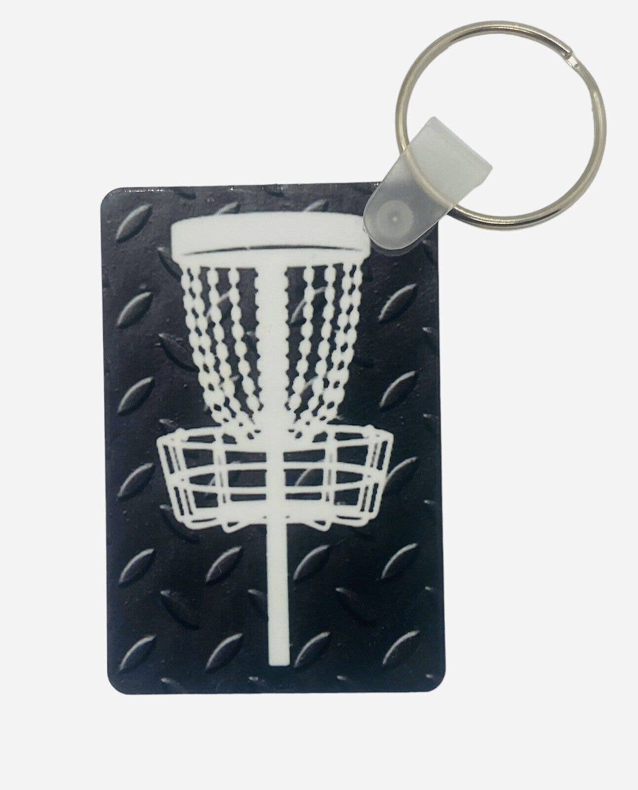 Disc Golf Keychain DISCGOLF BASKET Trucker BLACK Custom Made Key Ring Hardboard