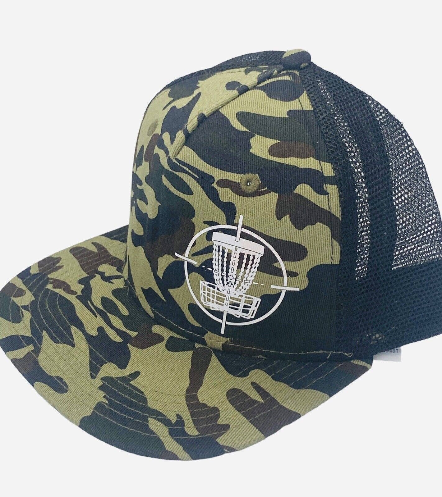 Disc Golf TARGET BASKET CAMO Hat Trucker Cap Snap Back Disc Golf Vinyl Logo