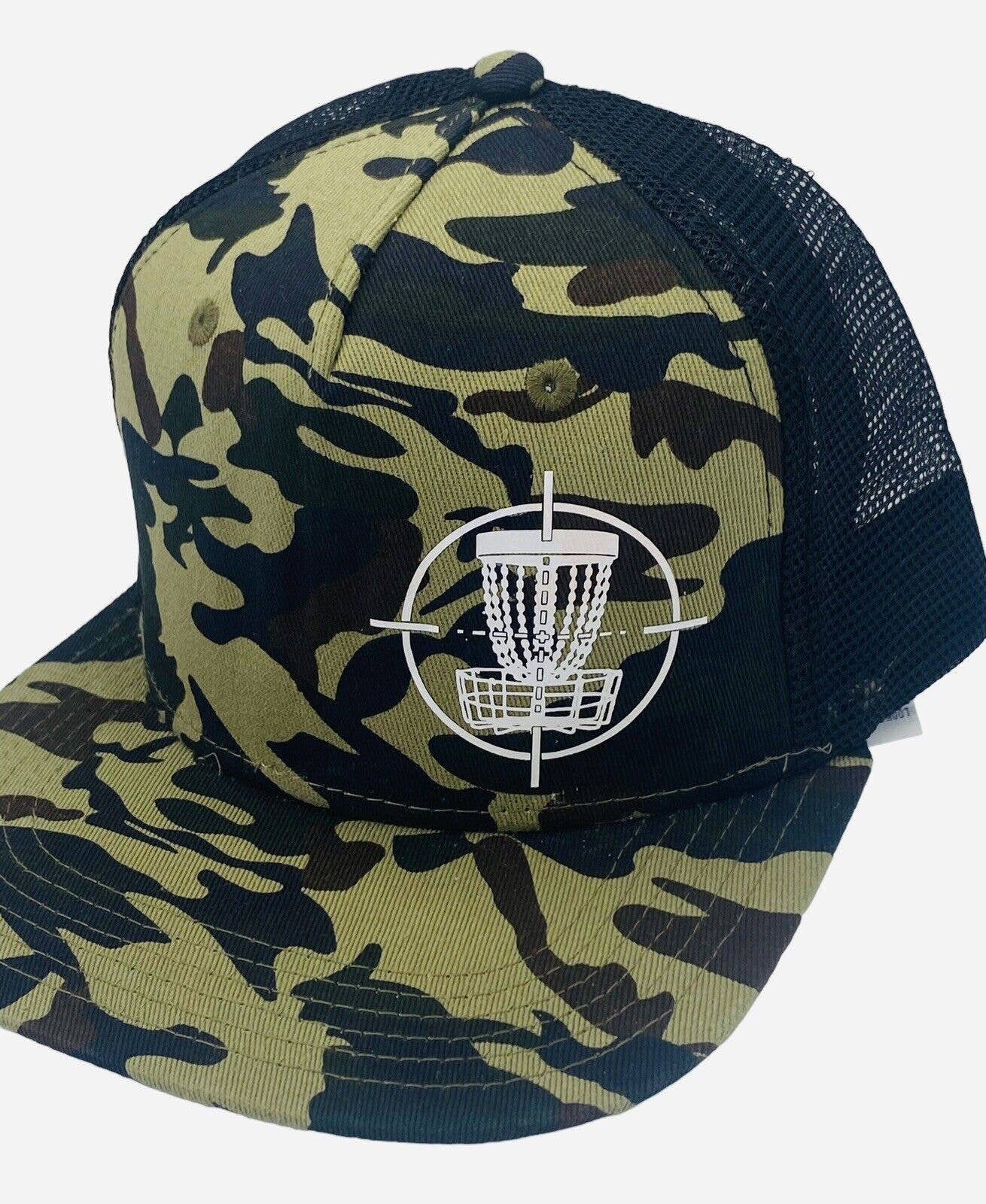 Disc Golf TARGET BASKET CAMO Hat Trucker Cap Snap Back Disc Golf Vinyl Logo