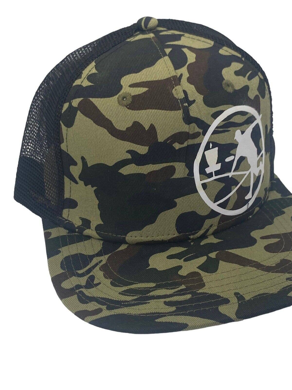 Disc Golf THROWING DISC Man CAMO Hat Trucker Cap Snap Back Disc Golf Vinyl Logo