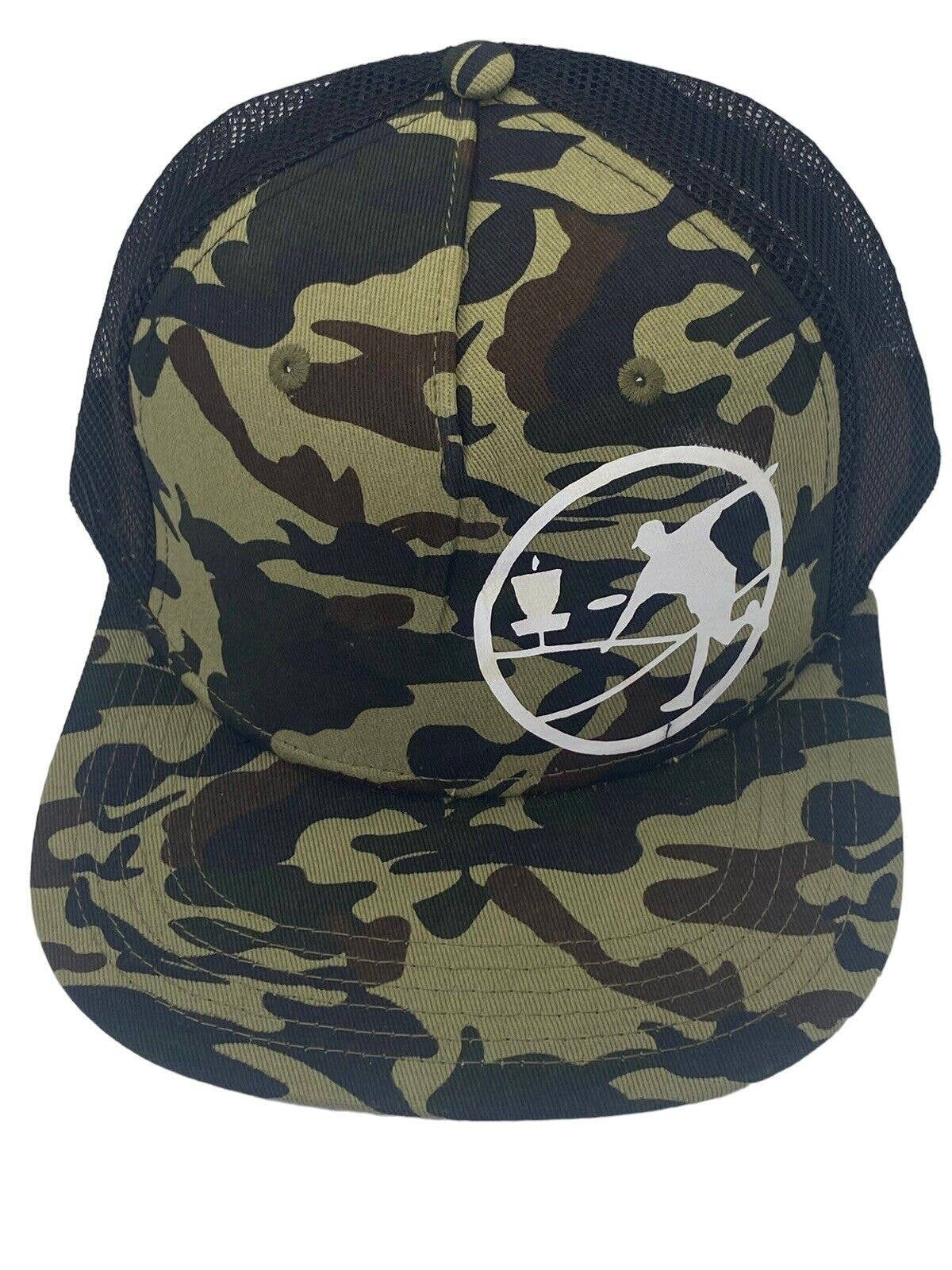 Disc Golf THROWING DISC Man CAMO Hat Trucker Cap Snap Back Disc Golf Vinyl Logo