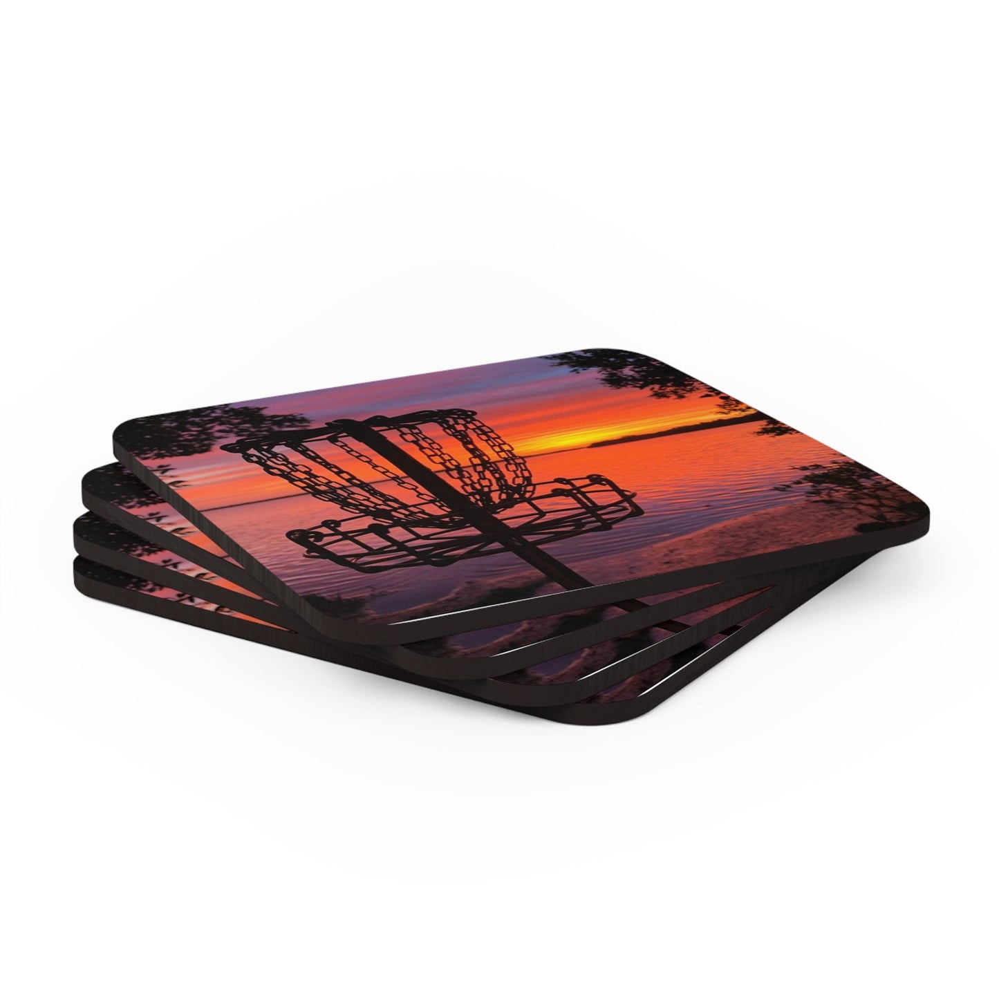 Disc Golf Orange Red Disc Golf Sunset Corkwood Drink Coaster Set