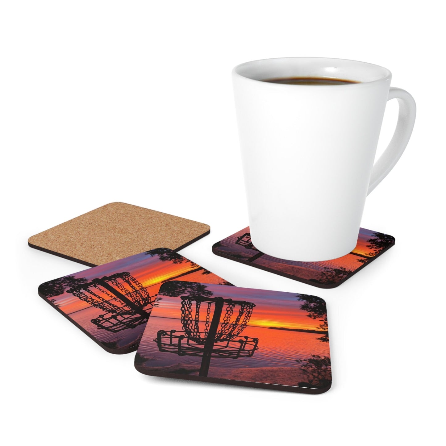 Disc Golf Orange Red Disc Golf Sunset Corkwood Drink Coaster Set