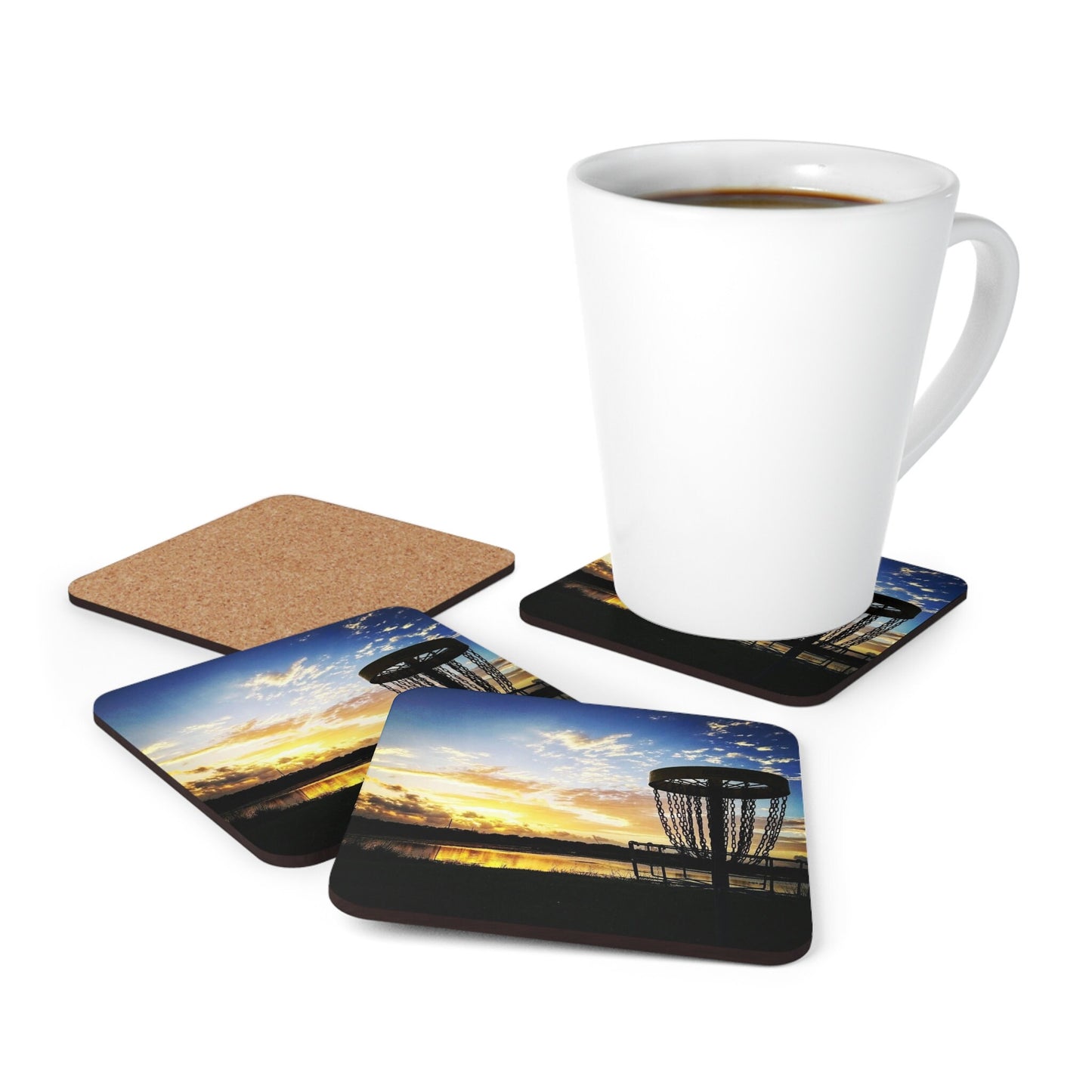 Disc Golf Basket Blue Sky Sunset Corkwood Drink Coaster Set