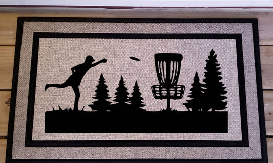 Disc Golf Basket Golfer Tree Scene Logo Door Mat Discgolfer Gift