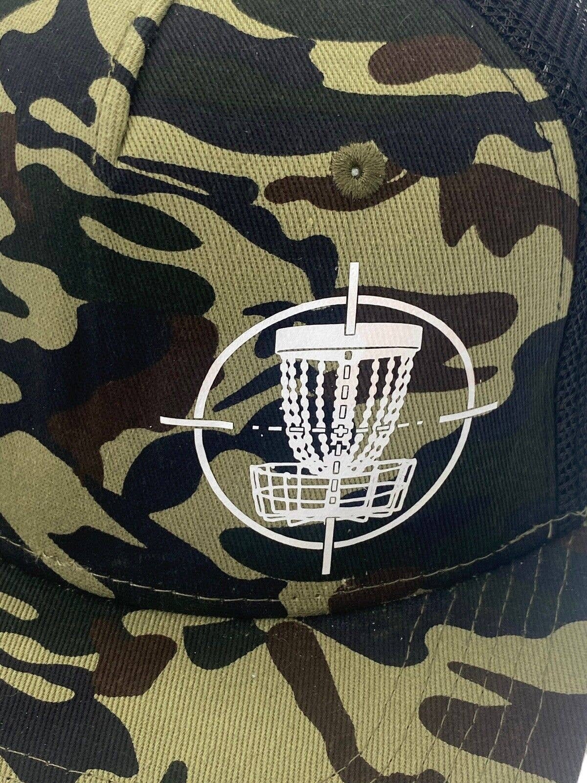 Disc Golf TARGET BASKET CAMO Hat Trucker Cap Snap Back Disc Golf Vinyl Logo