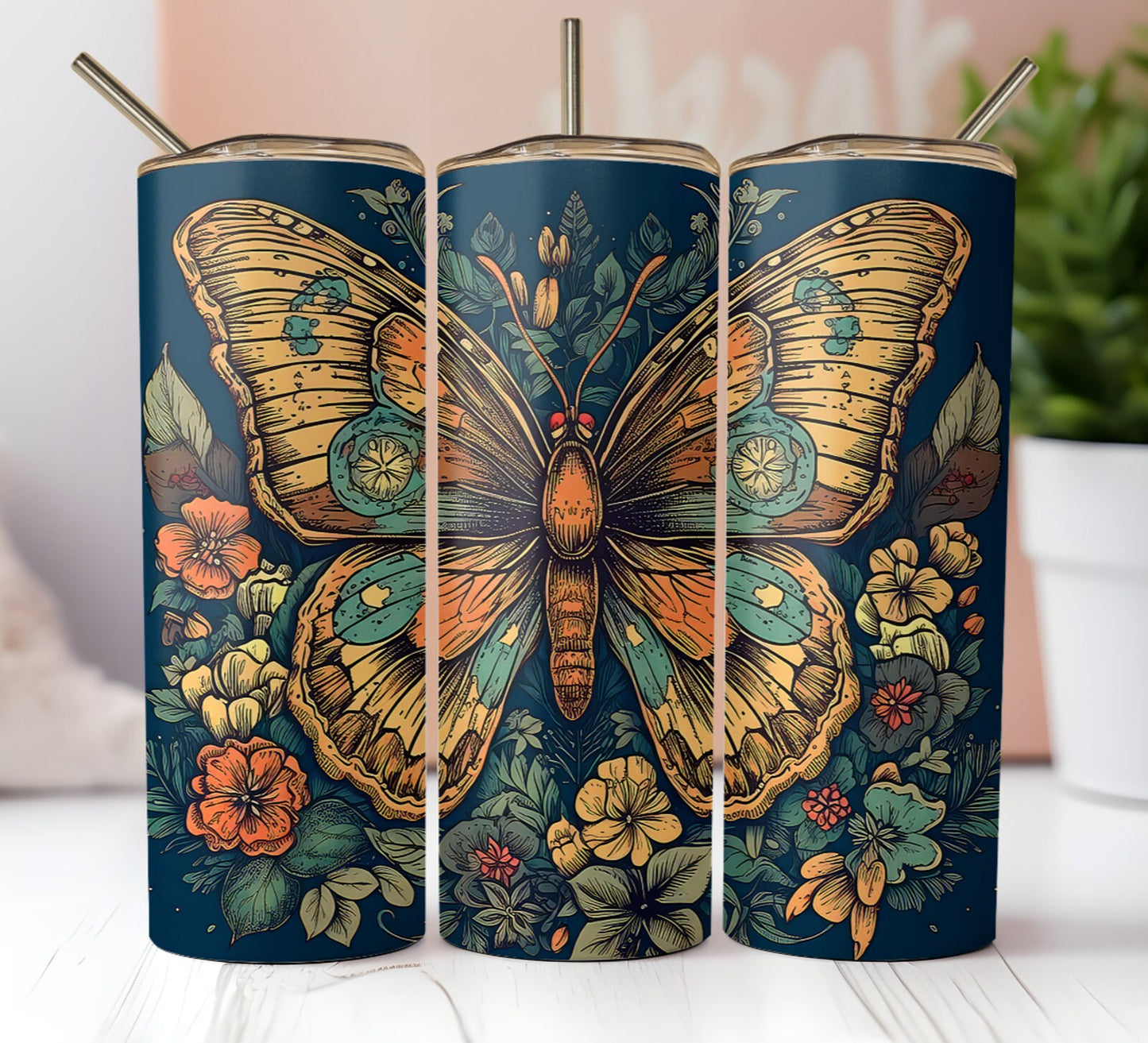 RETRO BUTTERFLY Stainless Steel Custom 20oz Tumbler W/ Lid & Straw Drinkware